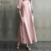 Zanzea 2021 Kvinnor Lång Maxi Sommarklänning Casual Bomull Linen Ladies Stora Fickor Beach Party Robe Femme Vestidos Y0823