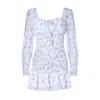 Summer Drawstring Square Neck Backless Puff Sleeve Floral Print Mini Dress Lady Chiffon Ruched Elastic Waist Ruffles White 210604