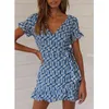 Zonnebloem print boho jurk vrouwen sjerp ruche korte strand zomerjurk casual blauw vintage mini floral jurk 210415