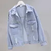 Automne Streetwear BF Lâche Jeans Veste Diamant Harajuku Trous Denim Manteau Femmes Bleu Clair Bomber 210531