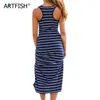 Women Plus Size Maxi Long Dress Summer Loose Casual Cotton Ladies Beach Vest Dress Striped Boho Long Sleeveless Tank Dress M0095 X0521