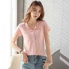 T-shirt en coton à col en V estival Casual Casual Couleur Solid Color Poches Oversize Vintage Tops Femme Vêtements Blusas 13772 210508