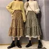 Corduroy kanten stiksel hoge taille lange rokken vrouwen bloemenprint maxi rok vrouwelijke vintage geplooide rok schattig meisjes streetwear 210619