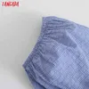 Женщины ретро синий плед печать оборками с короткими рукавами нежно лето шикарный женский сексуальная рубашка топы 4n52 210416