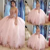 2021 Rose Gold Pink Sequined Elecent Quinceanera Klänningar Puffy Ball Gown Sweetheart Ärmlös Plus Size Sequines Lace Formal Party Prom Evening Gowns
