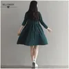 Höst Kvinnor Klänningar Nedgång Krage Karaktär Långärmad Casual Loose Vestidos Femininos Corduroy Green Vintage Dress 210520