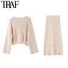 TRAF Women Fashion Office Wear Two Pieces Sets Gebreide bijgesneden Wrap Trui Hoge Elastische Taille Rokken Vrouwelijke Jumpers 210415