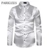 Men's Silk Satin Smooth Shirt Luxury Gold Sequin Tuxedo Shirt Party Stage Performance Wedding Dress Shirts Chemise Homme 210524