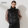 Wixra Women Fashion Solid Warm Vest Zipper PU Mouwloze Back Lace Up Coat Loose Outderse Autumn Winter Top 210909