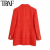 TRAF Women Fashion With Print Lining Fitted Tweed Blazer Coat Vintage Long Sleeve Pockets Female Outerwear Chic Veste 210930