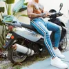 Män Rippade Jeans Slim White Side Striped Pencil Byxor Street Jean Skinny Motorcykel Casual Jogging Brousers