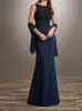 Dark Navy Mother of the Bride Dresses with Wrap Mermaid Floor Length Mother's Dress Chiffon and Lace