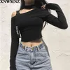 Off Shoulder Halter Sexy Womens T-shirt Harajuku Letter Print Lint Halternck Lange mouw Crop Top Basic Tshirt Dames 210520