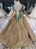 2021 Guld Sequined Lace Girls Pageant Klänningar Kristall Beaded Green Appliques Cap Sleeves Kids Prom Klänning Födelsedagsfestklänningar för Little Girl Sweep Train