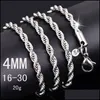Chaînes Colliers Pendentifs Bijoux 4Mm 925 Sterling Sier Twisted Rope Chain 16-30Inches Femme Luxe Haute Qualité Collier Pour FemmesHommes F