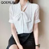 QOERLIN Fliege Hemd Frauen Sommer Mode Kurzarm Süße Casual LaceUp Shirt Top Elegante Büro Damen Hemd Plus Größe 2XL 210412