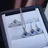 古代の花のクローバー自然な青いサファイアS925シルバーリングイヤリングペンダントナチュラル宝石宝石宝石セットガールパーティーギフト