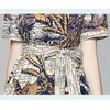 Moda Jesień Abstrakcjonistyczna Roślina Pozycja Zwierząt Produkcja Drukujące Kobiety Rocznika Krótki Rękaw Elegancki Kobiet Beltowy Łuk Party Dress 210416