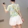 夏のTシャツの女性ニットカジュアルな印刷の中空アウト半袖トップOネックスリム薄いキンティングウェアB-011 210623