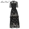 Mode Designer Sommar Elegant Party Klänningar Kvinnors Kortärmad Broderad Mesh Vintage Black Midi Dress 210524