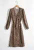 Franse V-hals Voorste Slit Leopard Print Wrap Jurk Vintage Vrouwen Boog Vijsten Taille Taille Korte Mouw Thee Jurken Vestido 210429