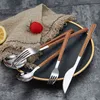20/24Pcs 304 Stainless Steel Dinnerware Sets Glossy Silver Wooden Tableware Western Food Knife Fork Teaspoon Cutleries 211112