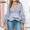 Puff Sleeve Blue White Stripe Blouse Shirts Ruffles Trim Women Sexy V Neck Sping Fashion Tops Clothing Blusas Plus Size 4XL 210416