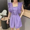 Женские Playsuits Летняя высокая талия Повседневная Широкая нога Шорты Свободные плиссированные оборками Сплошные брюки комбинезон ML894 210506