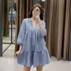 Vuwyv blauwe plaid ruche mini vrouw jurk zomer chique Smock ontwerp geplooide vrouwen lange mouw casual korte vestidos 210430