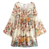 Bohemian Women Lacing up Square Collar Beige Flower Print Dress Holiday Elastic Back Long Flare Sleeve Short Dresses 210429