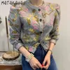 MATAKAWA Korea Autumn Retro Round Neck Woman Sweaters Single-breasted Sweater Heavy Flower Waist Short Puff Sleeve Cardigan 210513