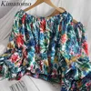 Kimutomo mode retro skjorta koreanska av axel slash neck lyktor ärm blommig tryck kort blus kvinnor sommar chic topp 210521