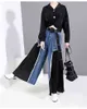 [EAM] Yüksek Bel Mavi Pileli Bölünmüş Uzun Geniş Bacak Denim Pantolon Gevşek Fit Pantolon Kadın Moda İlkbahar Sonbahar 1D669 211124