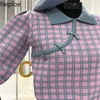 Dzianiny sweter kobiety chiński styl koreański sweter vintage wiosna plaid crop obróć kołnierz 1A247 210422