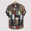 Mens Shirt Vintage Style Printing Loose Short Sleeve Stand Collar Casual Shirts Daily Wearing High Quality Office Big Size Blouse