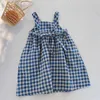 Koreaanse stijl katoen linnen baby meisjes prinses jurk zomer plaid mouwloze kleding kinderen casual jurken 210615