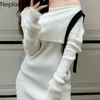 Neploe Sexy Slash Neck Knitted Dress Off Shoulder Long Sleeve Slim Fit Vestidos Fall Cothes Robe Bodycon Mini Dresses for Women 210422