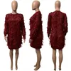 Robes décontractées Femmes Plumes Lâche Robe Rouge Automne Col Rond Manches Longues Femme 2021 Hiver Couleur Solide Bureau Dame Robe