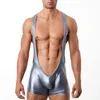 Slip Hommes Faux Cuir PU Undershirt Lutte One Piece Singlet Sexy Boxers Combinaison Jarretelles Sous-Vêtements Bretelles Exotiques Body