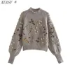 Dames Vintage Koreaanse lange mouw Pullover Chic Flowers Beaded Mode Harajuku Gebreide trui houdt warme herfst en winter 211218