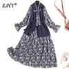 Spring Fashion Designers Bow Collar Flare Manga Imprimir Chiffon Vestido 2 Peça Terno Mulher Roupas Vintage Escritório Vestidos 210601