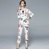 Women's Two Piece Pants Runway Cartoon Print Women Pant Suit Casual Notched Blazer Jacket+Elastic Waist Pocket Autumn Office Lady 2 Set