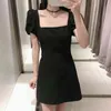 Vintage Black Linen Dress Summer Women Sexy Backless Lacing Puff Sleeve Square Neck Vestido Mujer Party Short Dresses 210430