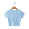 Lato Fasnion Damska V-Neck Catchstring Tie Folds Solid Color Sexy Short Blue Pępek T-shirt Kobiet 210508