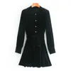 Dress Women Summer Black Velvet Mini Woman Fall Long Sleeve Korean Ladies Short Club Office es Bow Buttons 210430