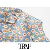 Traf Women Fashion Floral Print Wrap Craped Bluses Vintage Puff Sleeve Side Bow bundna kvinnliga skjortor Blusa Chic Tops 210415