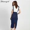 Streamgirl Long Denim Rok met Band Button Jeans S Plus Size Hoge Taille Pencil S 210621