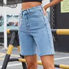 Solid Knapp Fluga Raw Hem Denim Shorts Kvinnor Sommar Fashion Street Style Hög midja Straight Jean med kedja 210510