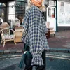 エレガントな女性の格子縞のツイードのジャケットランタンスリーブストリートウェア女性の外出弾性の高い腰の女性コート210414