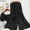 Sexy Chiffon Outfits Women Chic Cropped Blouse Tops+ Wide Leg Casual Pants Streetwear 2 Pieces Sets Korean Suit 210519